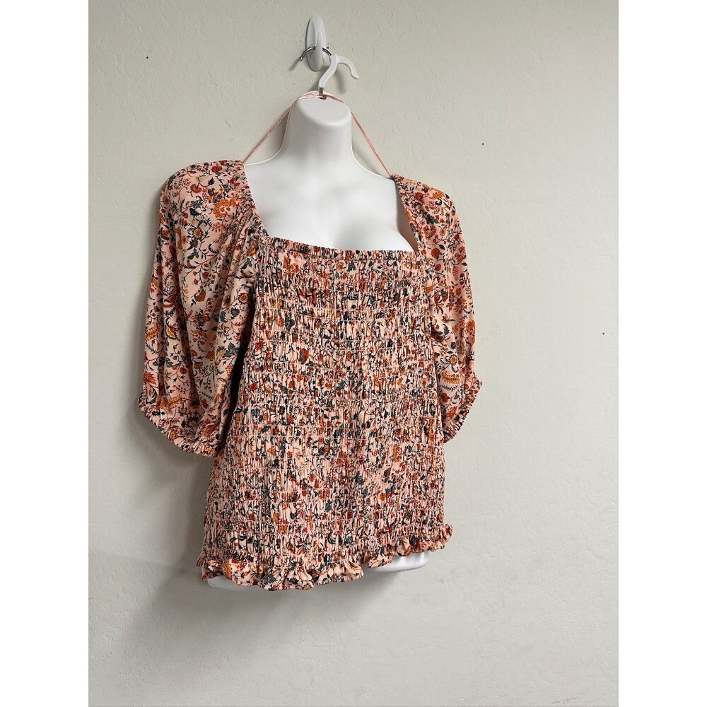 Shirts/NWT Old Navy Peach Floral Smocked Puff Sleeve Peplum Square Neckline XL - Picture 4 of 12